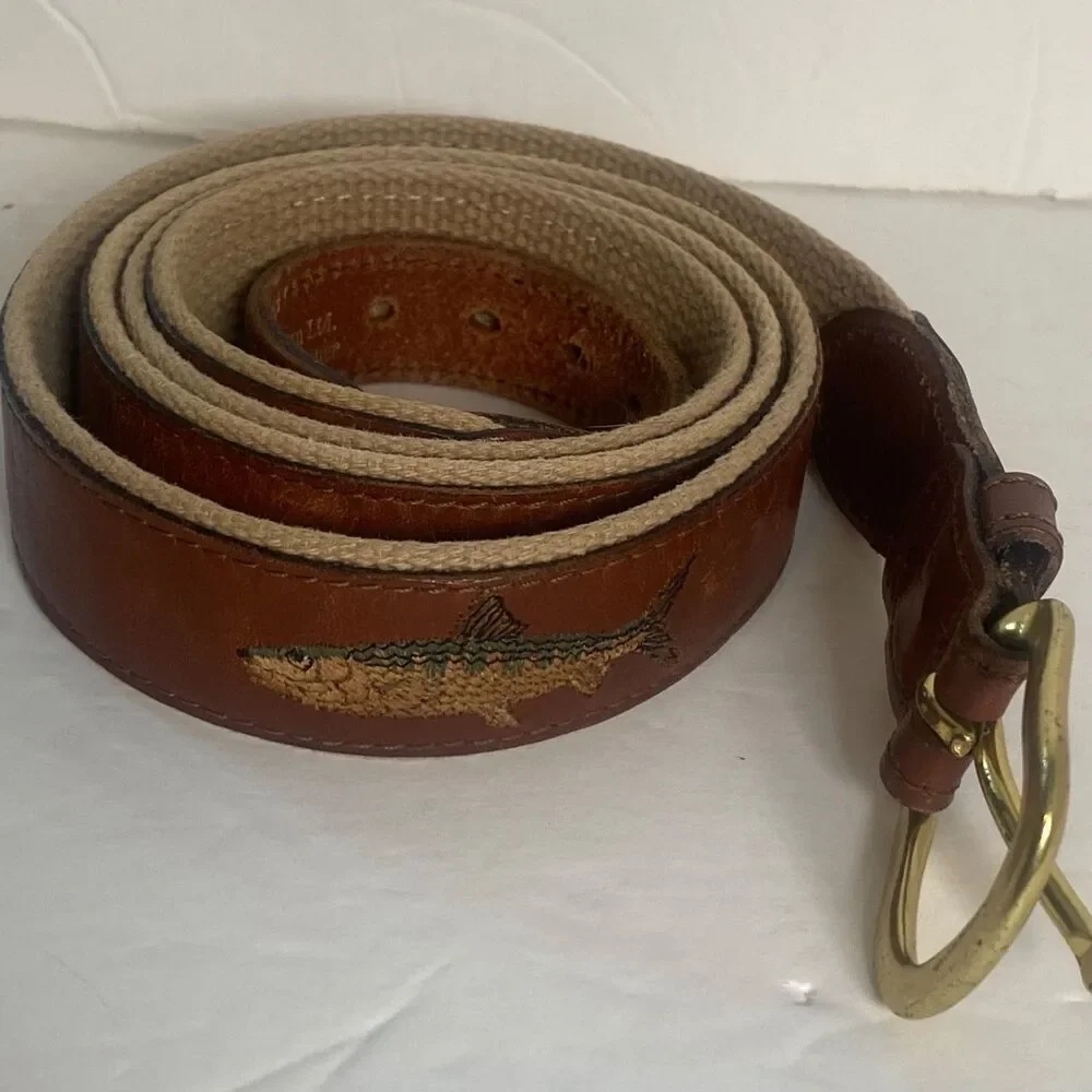 Leather Man Top Grain Leather Belt Fish Embroidered Canvas Back Brass Buckle